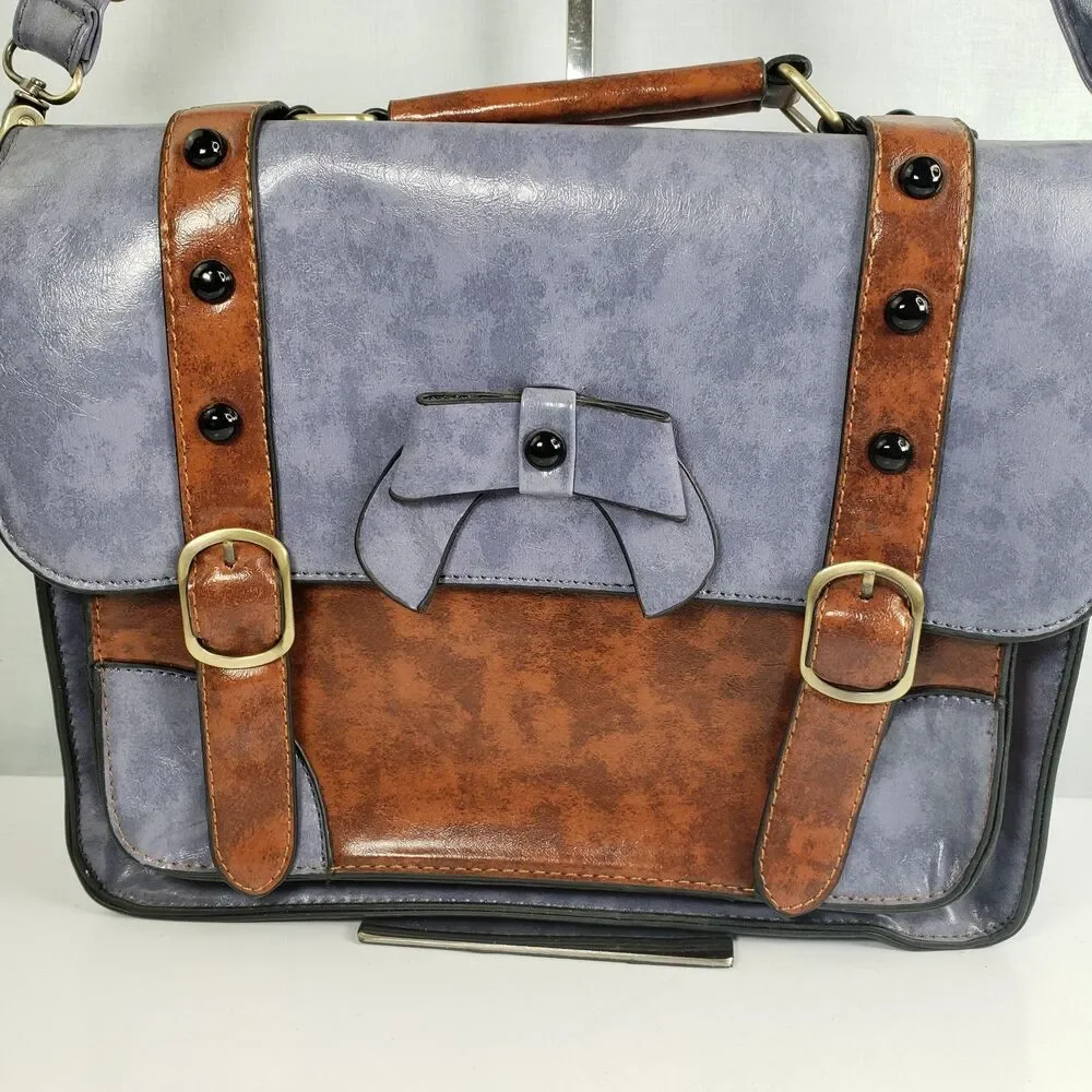Esecosusi BoHo Style Brown Lavender Blue Vegan Leather Messager Laptop Crossbody